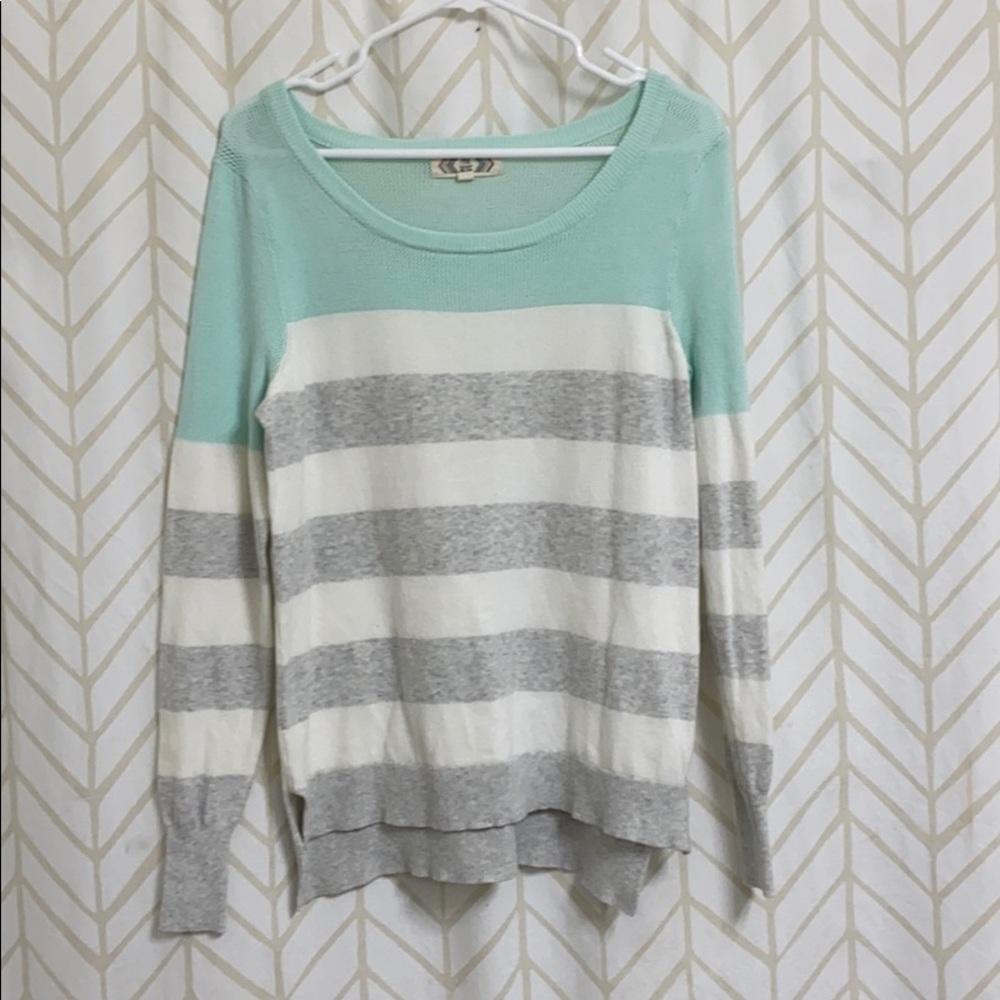 Blue, grey, white striped sweater